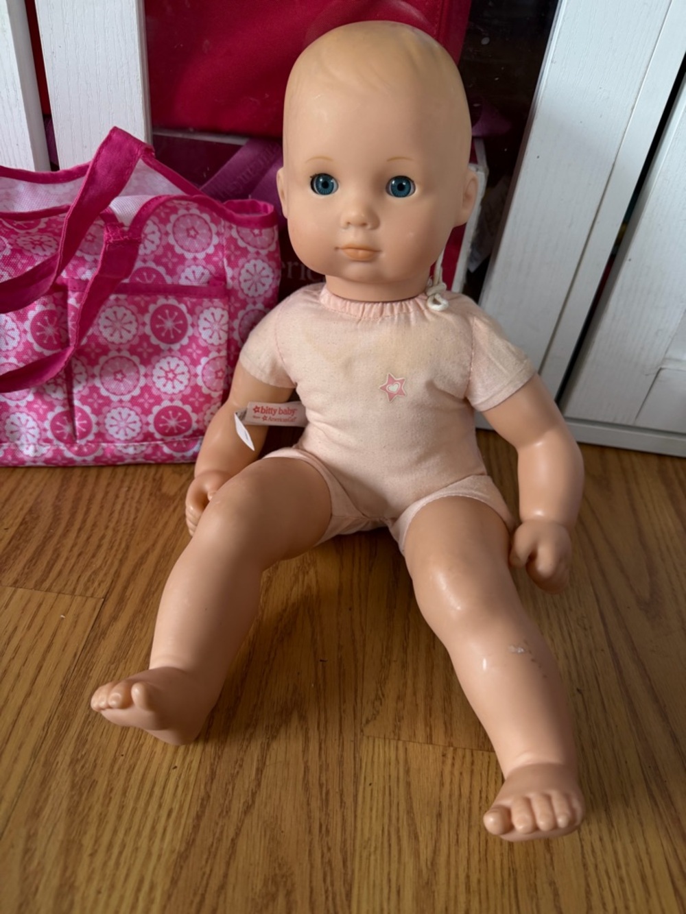 American Girl Baby Doll in Light Pink Outfit with Pink Tote